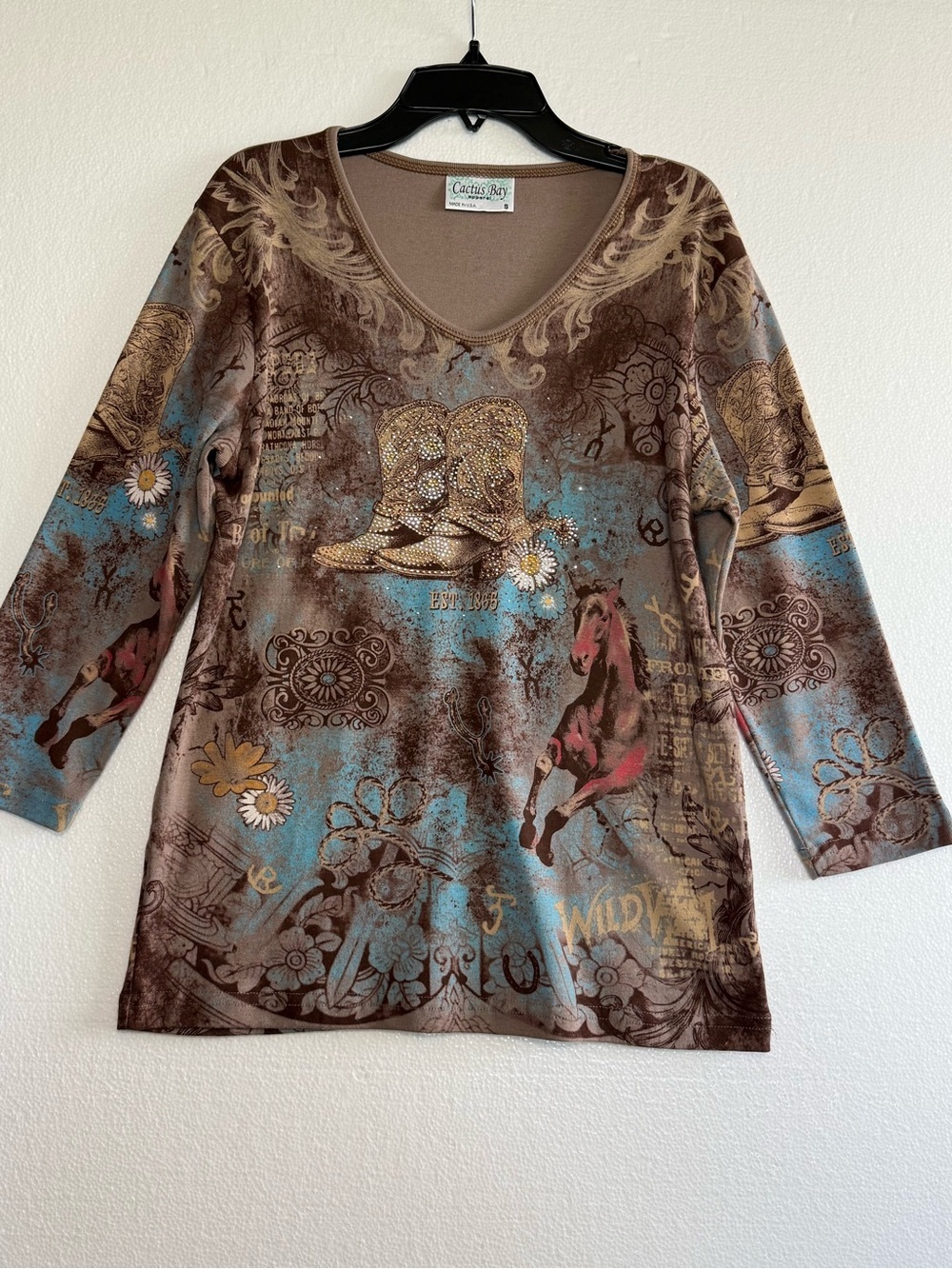 Cactus Bay Western Cowboy Rodeo V Neck Top 3/4 Sleeve Wild West USA Brown Size S